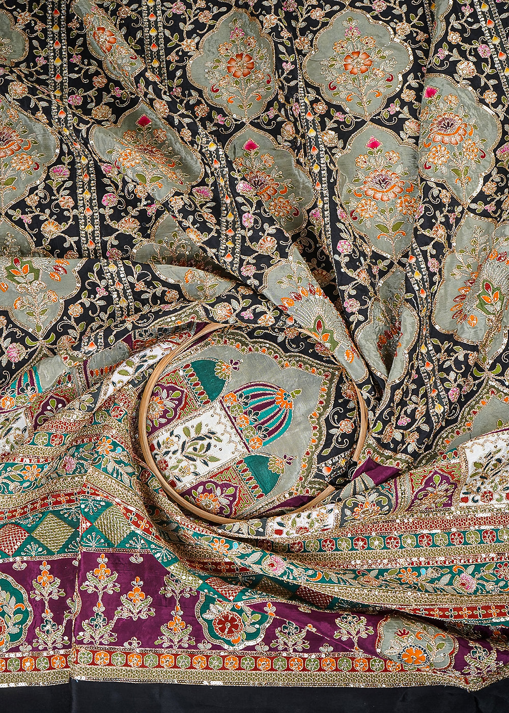Black Crepe Fabric With All Over Zari, Sequins Work With One Side Heavy Border 25441