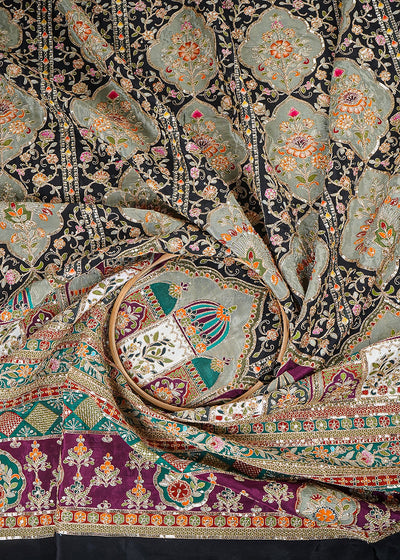 Black Crepe Fabric With All Over Zari, Sequins Work With One Side Heavy Border 25441