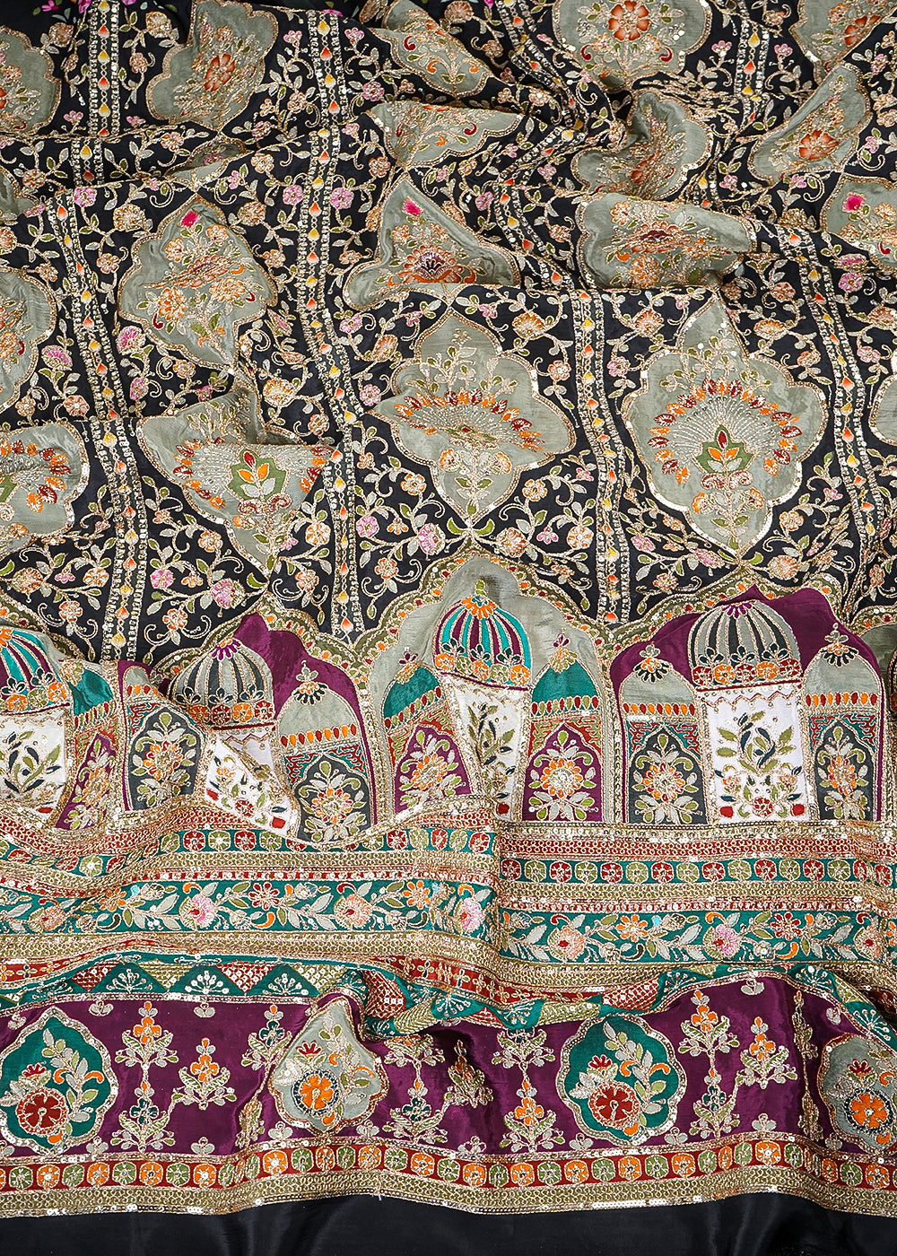 Black Crepe Fabric With All Over Zari, Sequins Work With One Side Heavy Border 25441