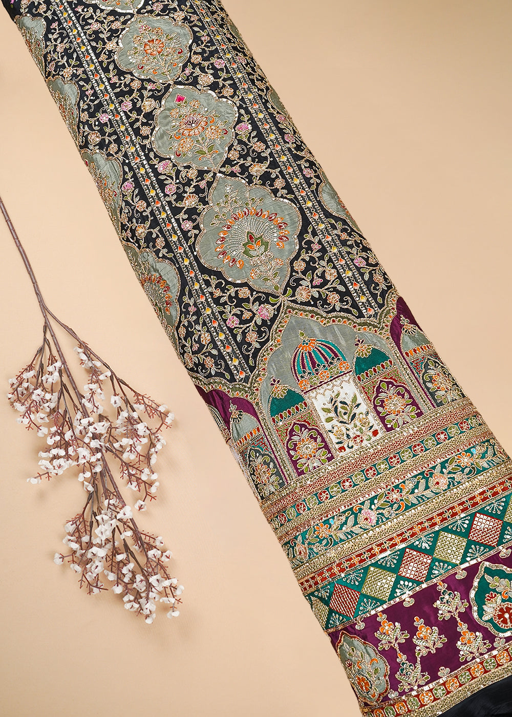 Black Crepe Fabric With All Over Zari, Sequins Work With One Side Heavy Border 25441