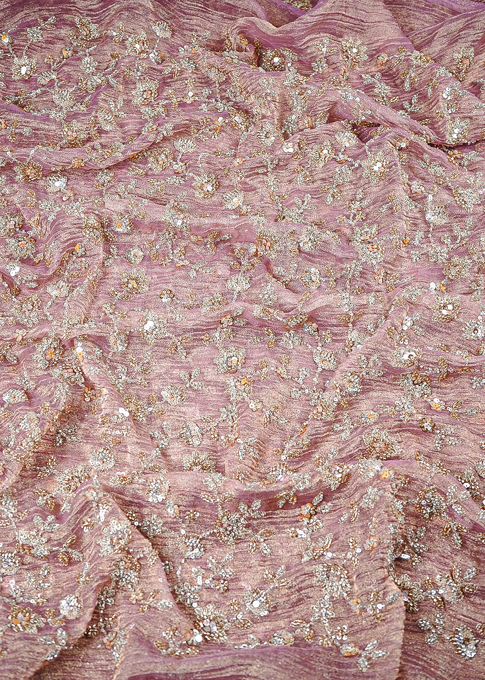 Gajri Pink Crushed Tissue Fabric With All Over Zari, Sequins And Katdana Work 25445