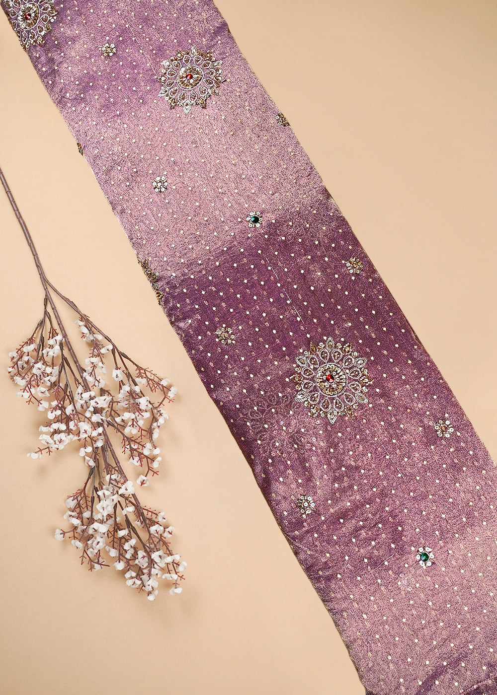 Lavender Tissue Fabric With All Over Zari, Sequins, Katdana And Stone Work 25446