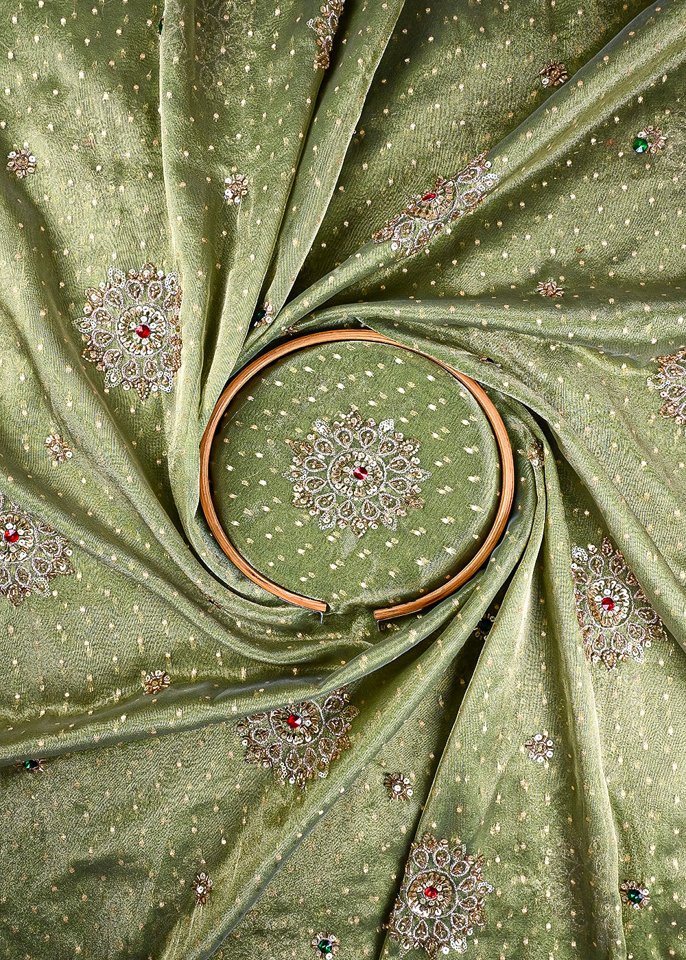 Mehendi Green Tissue Fabric With All Over Zari, Sequins, Katdana And Stone Work 25447