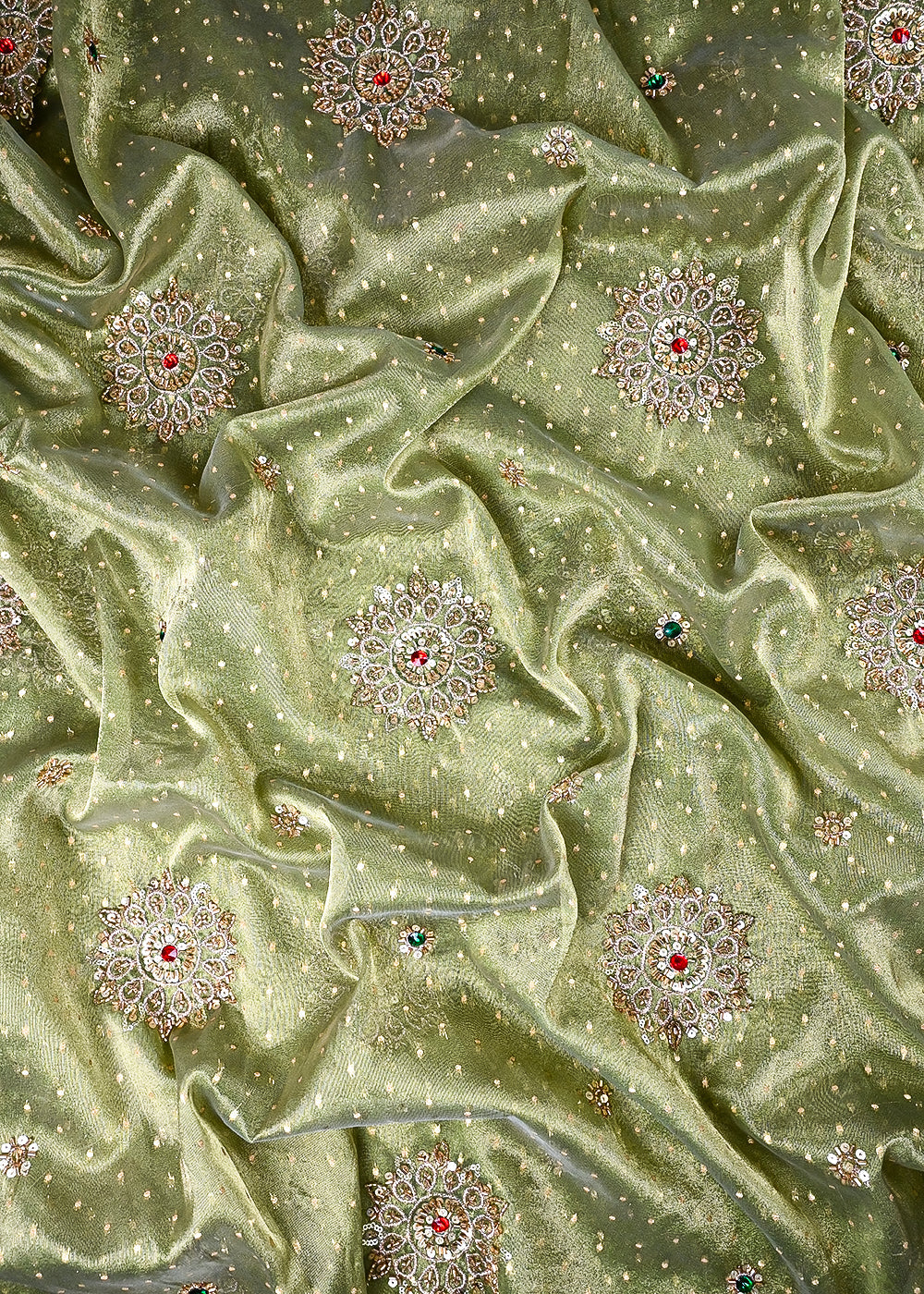 Mehendi Green Tissue Fabric With All Over Zari, Sequins, Katdana And Stone Work 25447