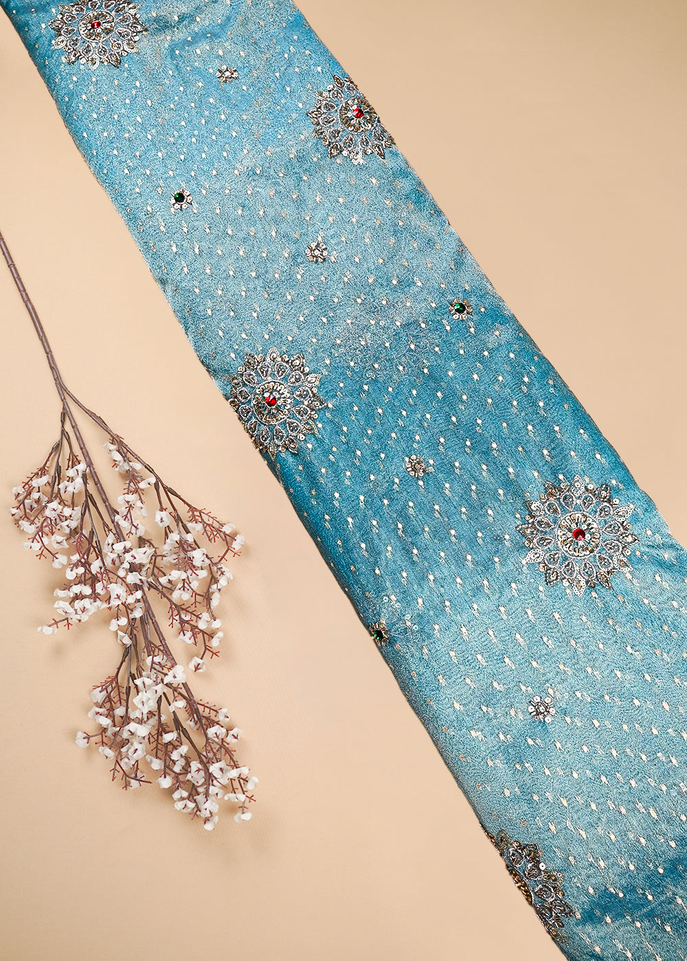 Sky Blue Tissue Fabric With All Over Zari, Sequins, Katdana And Stone Work 25449