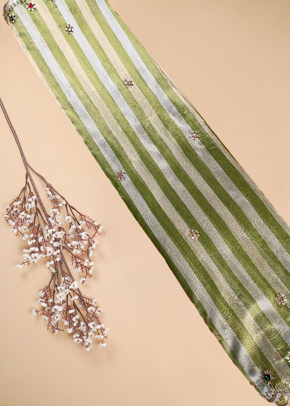 Mehendi Green Tissue Dupatta Fabric With All Over Zari, Sequins, Katdana And Stone Work With Both Side Border 25453