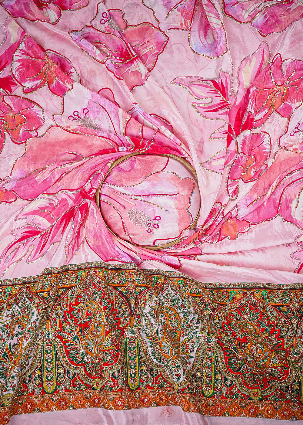 Pink Crepe Fabric With All Over Zari, Sequins And Katdana Work With One Side Heavy Border 25456