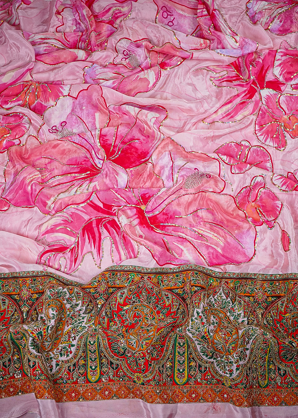 Pink Crepe Fabric With All Over Zari, Sequins And Katdana Work With One Side Heavy Border 25456