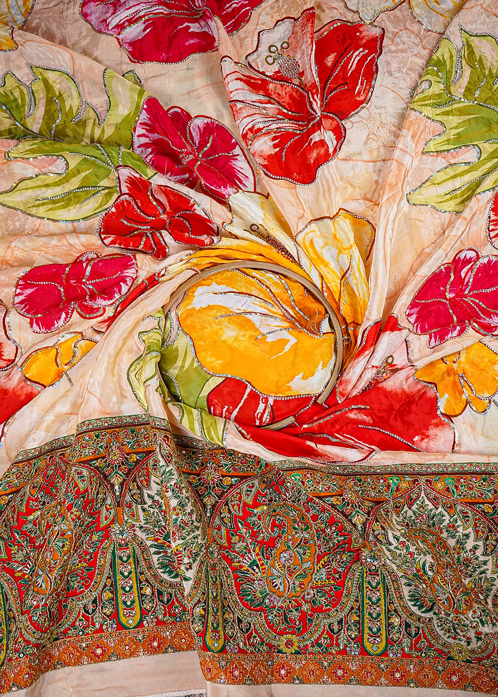Peach Crepe Fabric With All Over Zari, Sequins And Katdana Work With One Side Heavy Border 25457