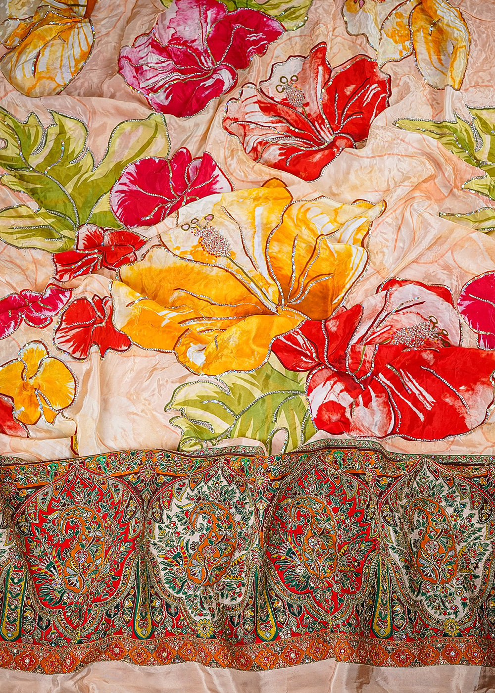 Peach Crepe Fabric With All Over Zari, Sequins And Katdana Work With One Side Heavy Border 25457