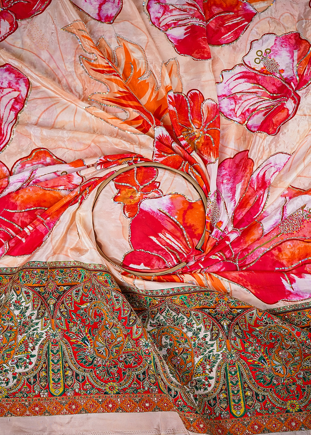Peach Crepe Fabric With All Over Zari, Sequins And Katdana Work With One Side Heavy Border 25458