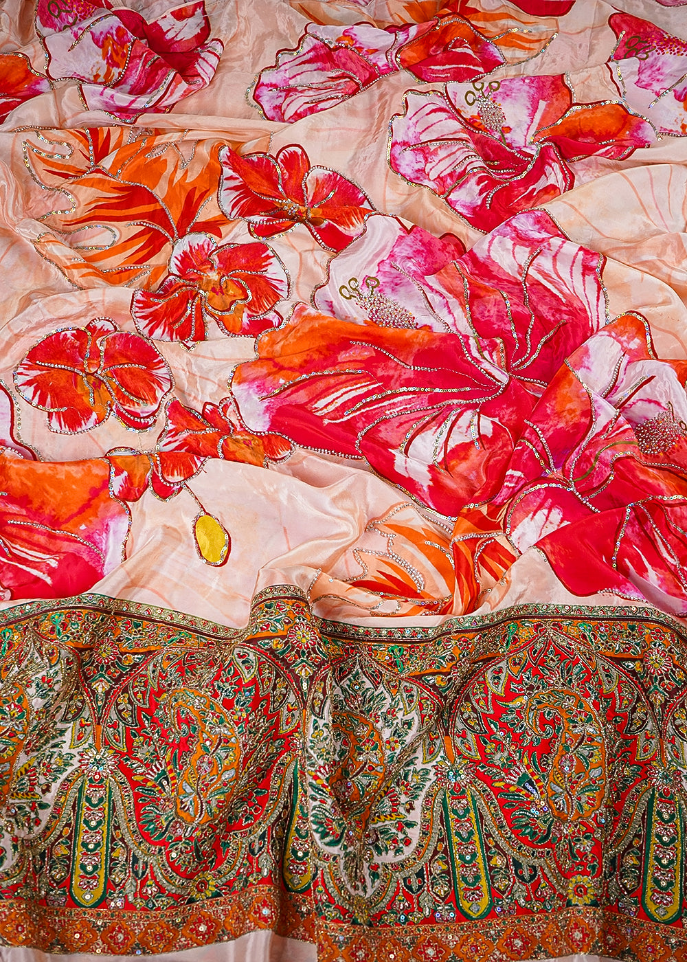 Peach Crepe Fabric With All Over Zari, Sequins And Katdana Work With One Side Heavy Border 25458