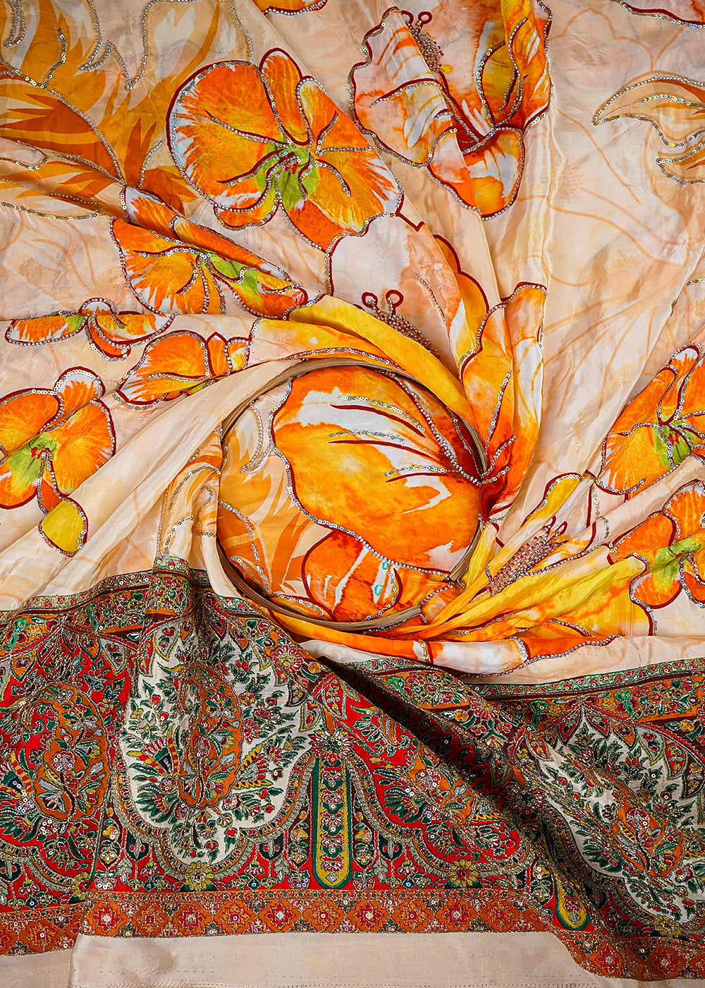 Peach Crepe Fabric With All Over Zari, Sequins And Katdana Work With One Side Heavy Border 25459