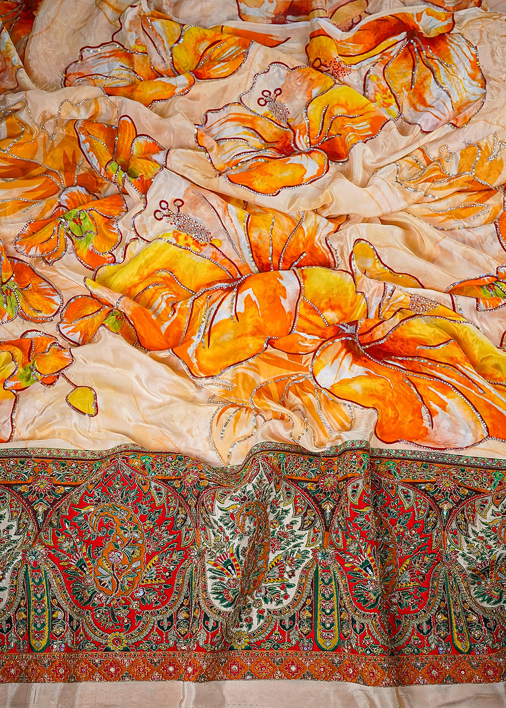 Peach Crepe Fabric With All Over Zari, Sequins And Katdana Work With One Side Heavy Border 25459