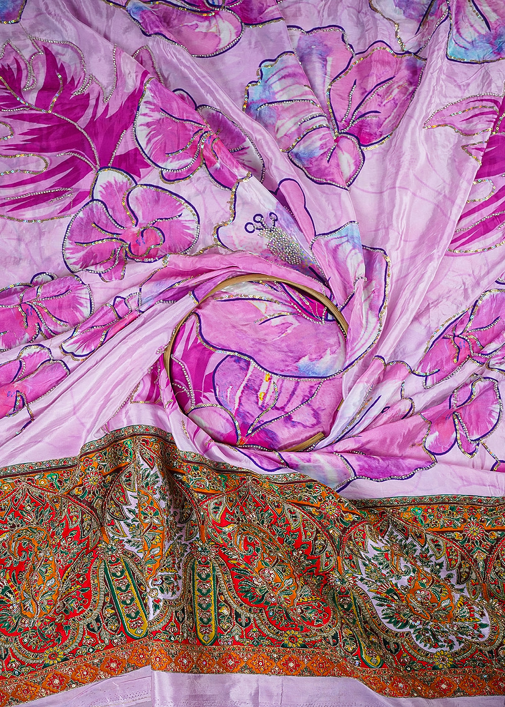 Lavender Crepe Fabric With All Over Zari, Sequins And Katdana Work With One Side Heavy Border 25460