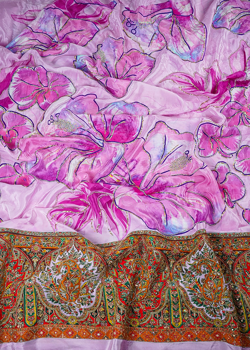Lavender Crepe Fabric With All Over Zari, Sequins And Katdana Work With One Side Heavy Border 25460