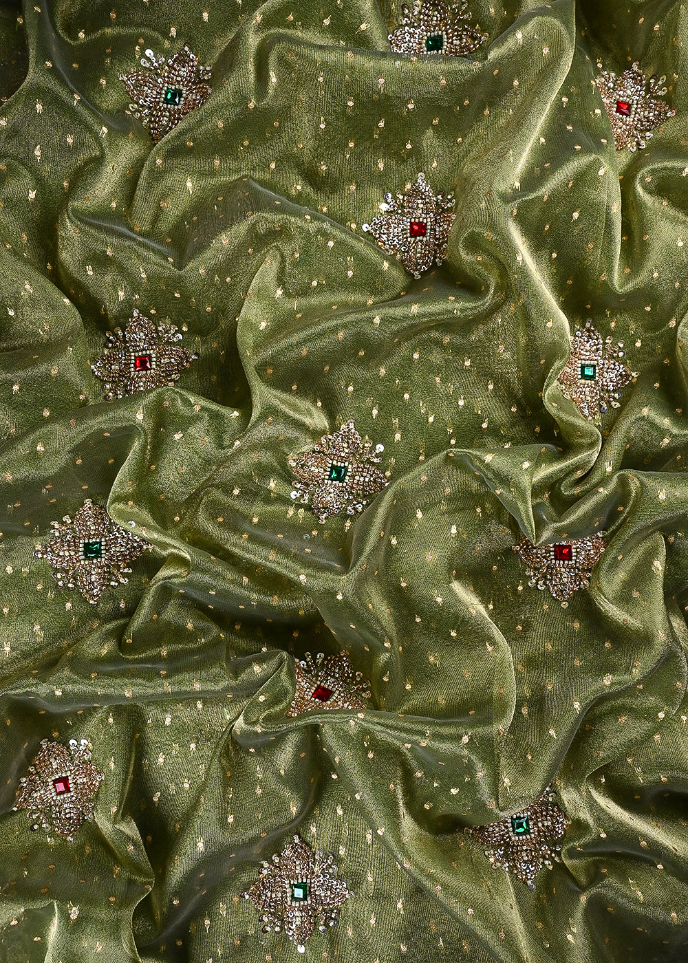 Green Tissue Fabric With All Over Zari, Sequins, Katdana And Stone Work 25461