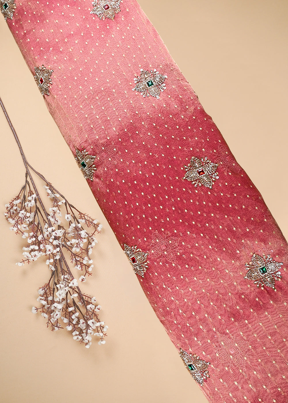 Pink Tissue Fabric With All Over Zari, Sequins, Katdana And Stone Work 25462