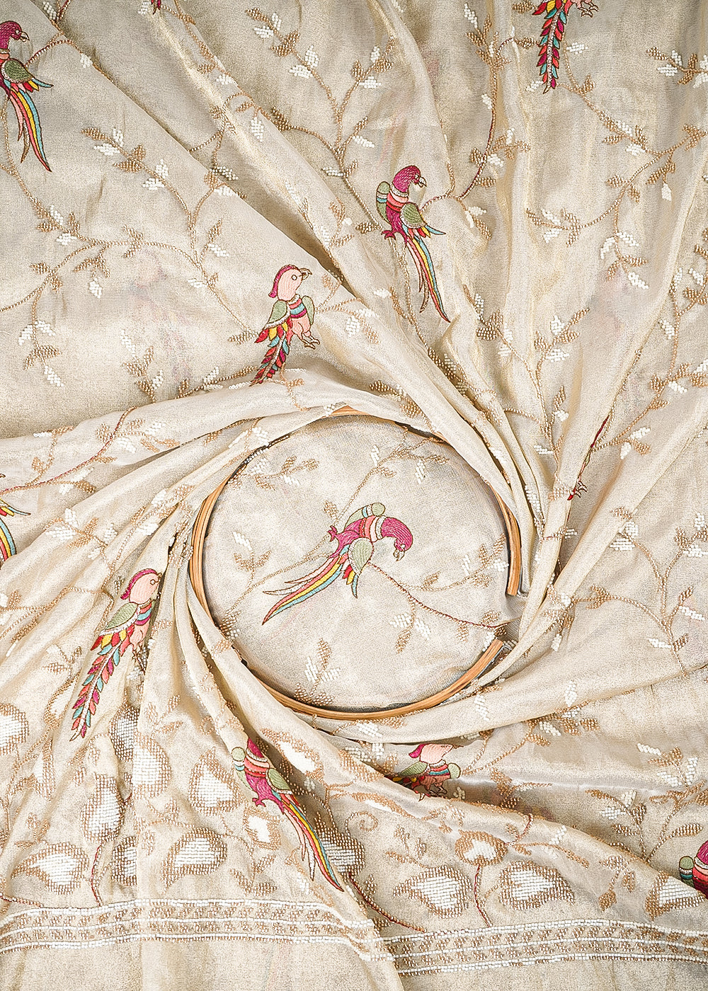 Golden Dyeable Tissue Fabric With All Over Katdana Work With One Side Heavy Border 25466