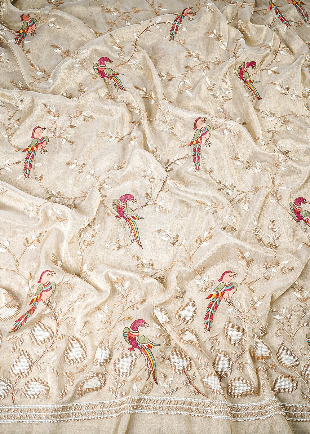 Golden Dyeable Tissue Fabric With All Over Katdana Work With One Side Heavy Border 25466