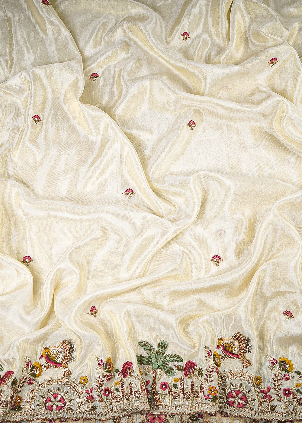 Golden Dyeable Tissue Fabric With All Over Zari, Sequins, Katdana, Stone And 3D Work With One Side Heavy Border 25468