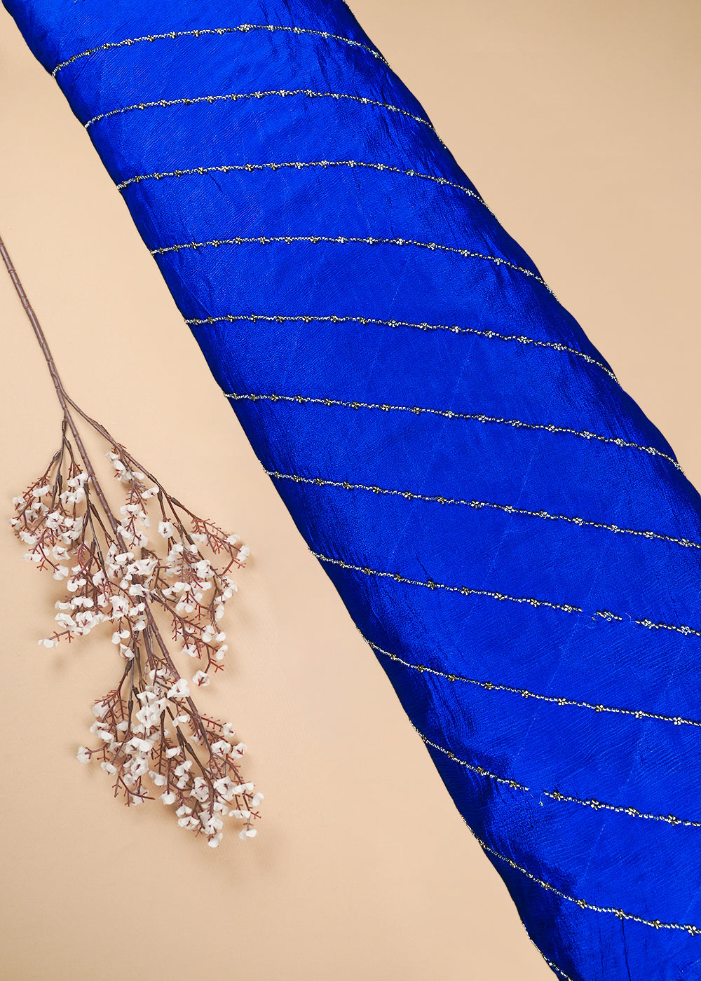 Royal Blue Chinon Chiffon Fabric With All Over Katdana Work 25472