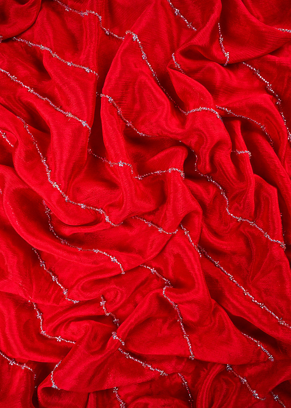 Red Chinon Chiffon Fabric With All Over Katdana Work 25474