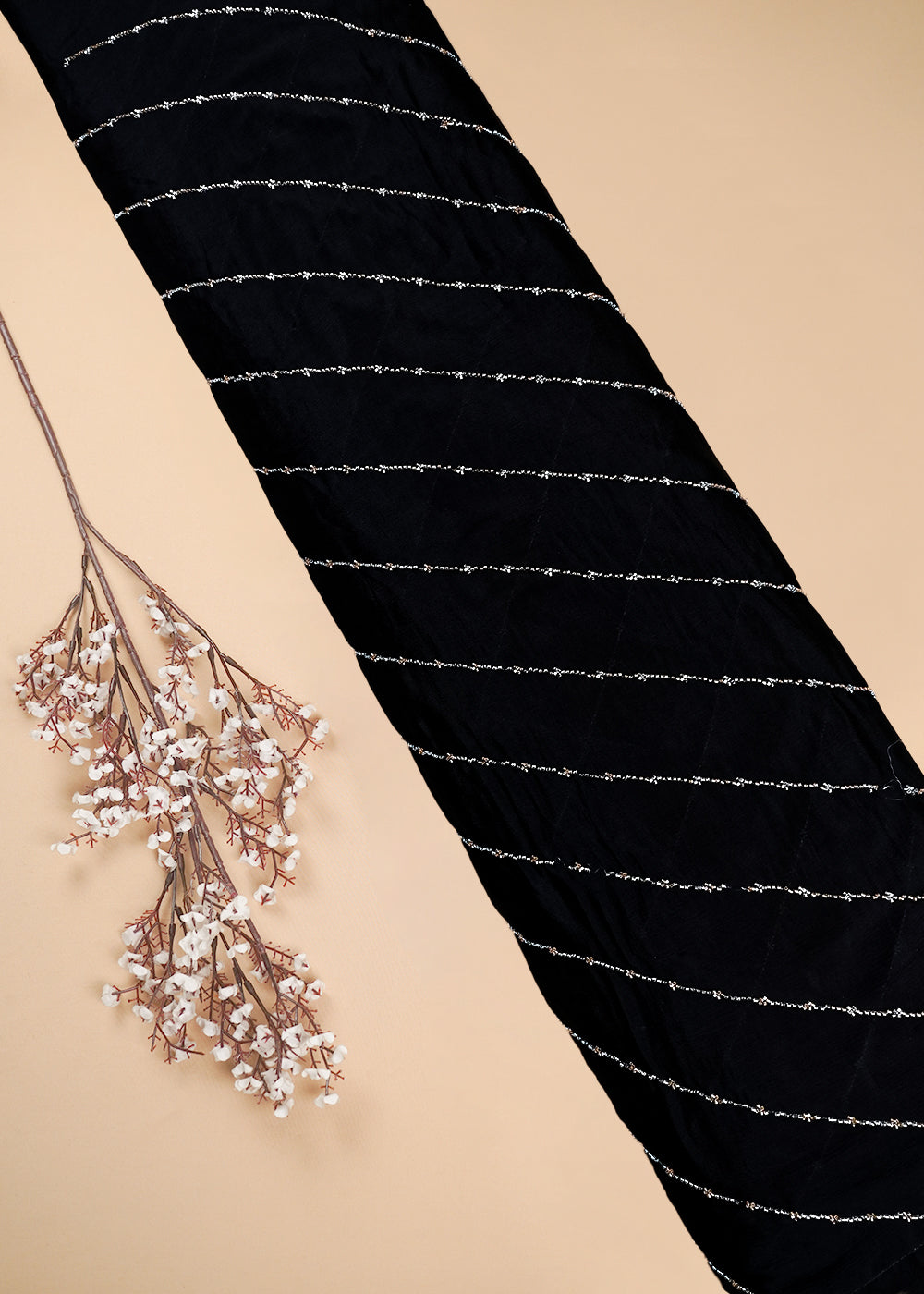 Black Chinon Chiffon Fabric With All Over Katdana Work 25475
