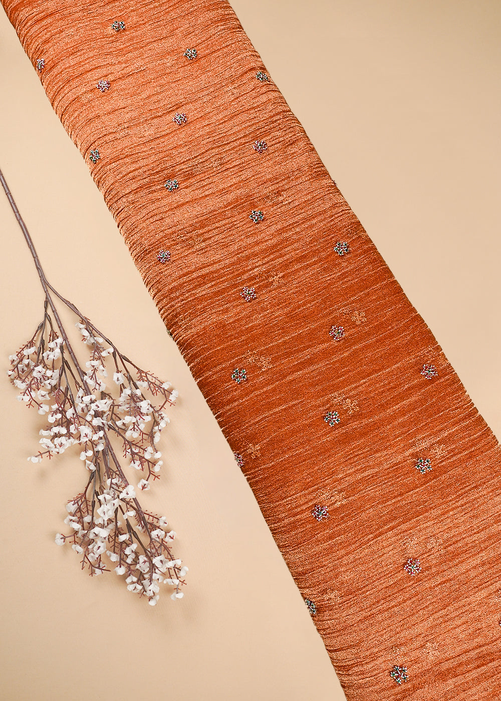 Rust Crushed Tissue Fabric With All Over Buti Of Katdana Work 25478