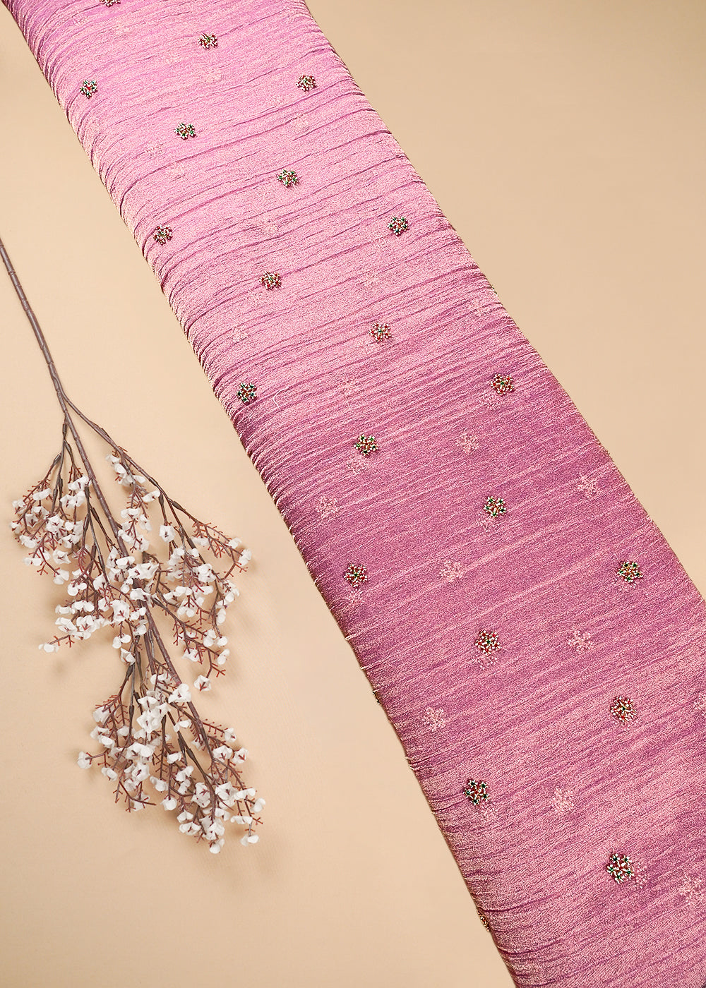 Pink Crushed Tissue Fabric With All Over Buti Of Katdana Work 25480