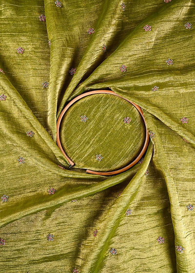 Green Crushed Tissue Fabric With All Over Buti Of Katdana Work 25481