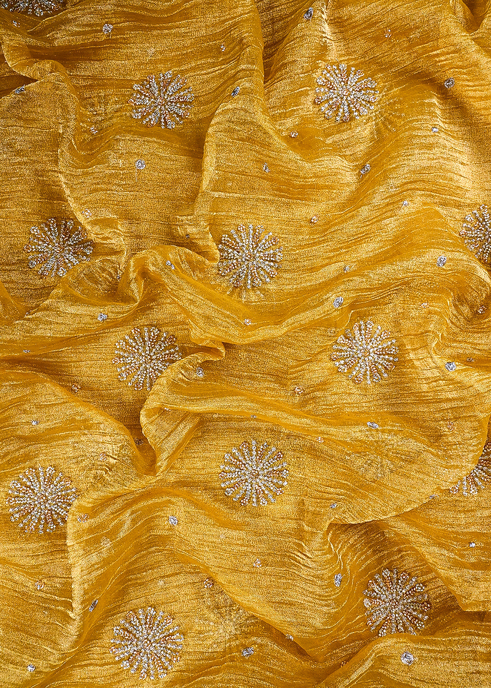 Mustard Crushed Tissue Fabric With All Over Zari And Sequins Work 25482