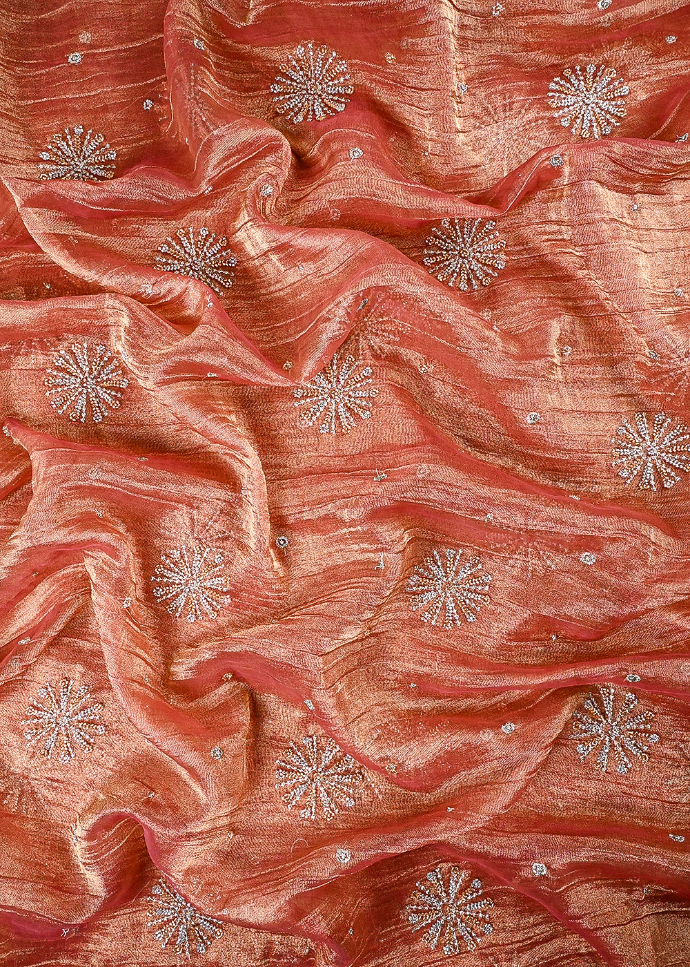 Peach Crushed Tissue Fabric With All Over Zari And Sequins Work 25483
