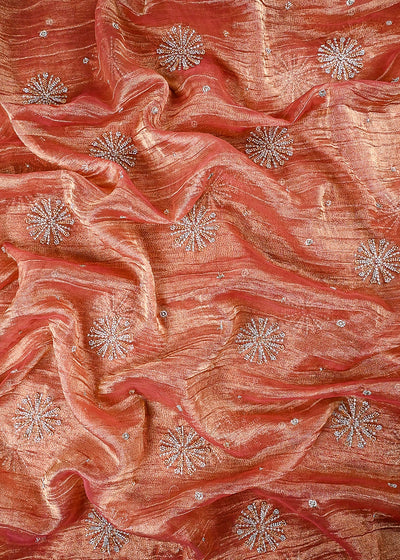 Peach Crushed Tissue Fabric With All Over Zari And Sequins Work 25483