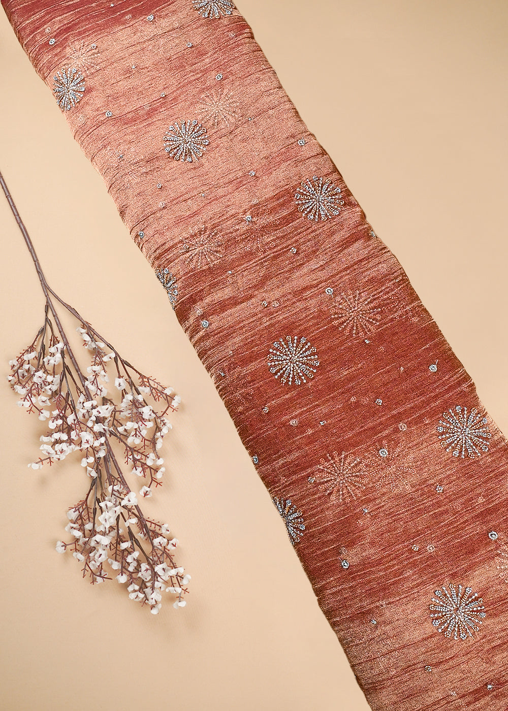 Peach Crushed Tissue Fabric With All Over Zari And Sequins Work 25483