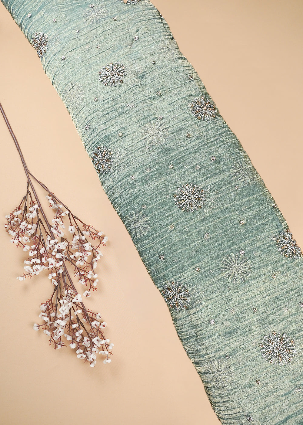 Powder Blue Crushed Tissue Fabric With All Over Zari And Sequins Work 25485