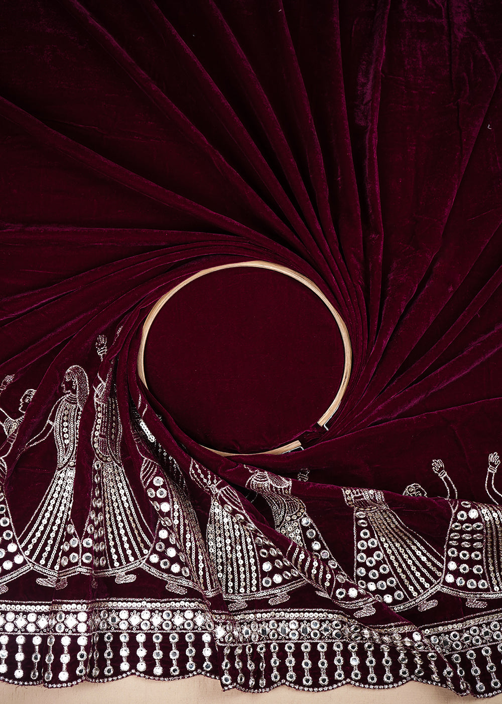 Wine Velvet Fabric With All Over Zari And Sequins Work With One Side Border 25499