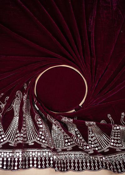 Wine Velvet Fabric With All Over Zari And Sequins Work With One Side Border 25499