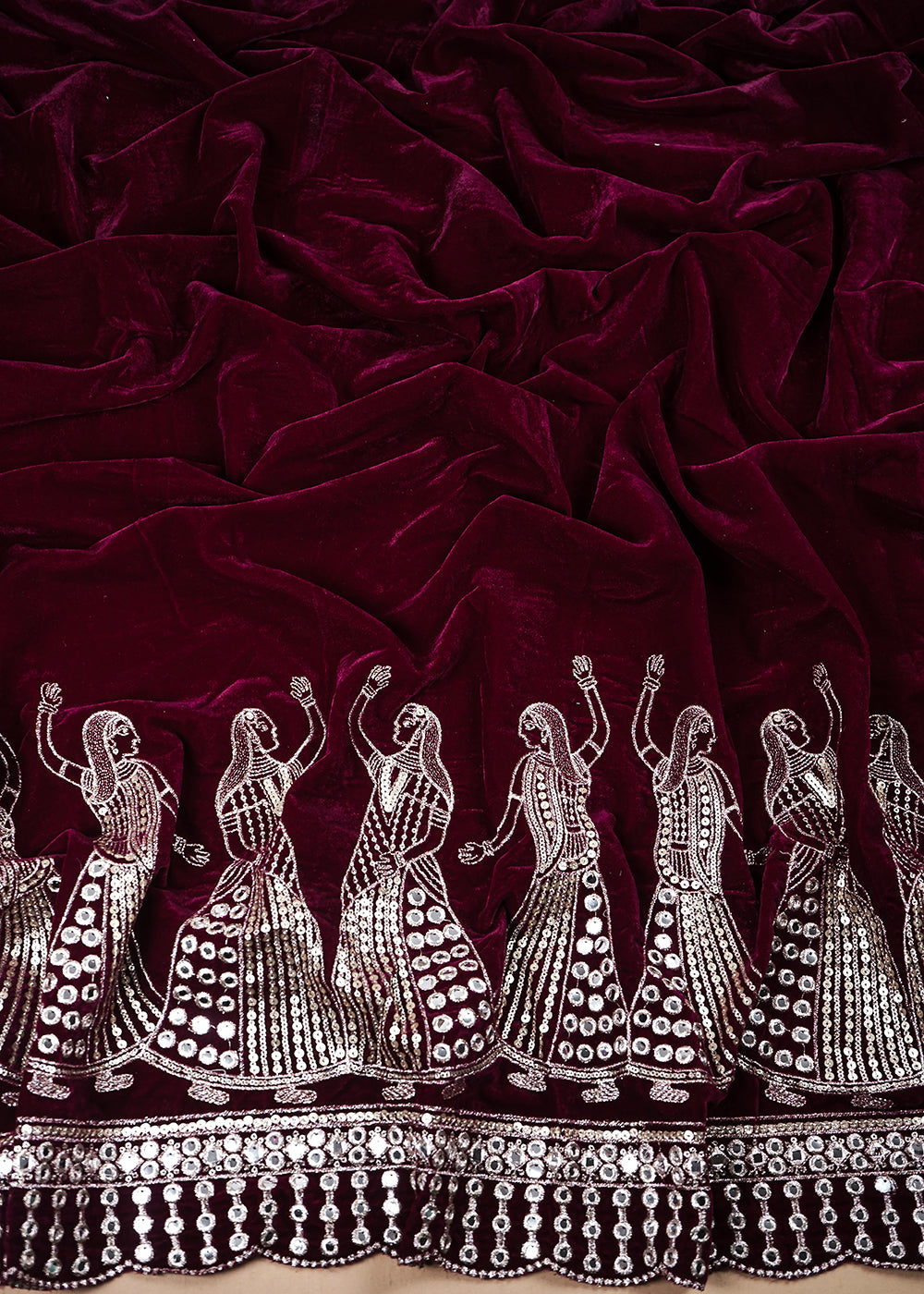 Wine Velvet Fabric With All Over Zari And Sequins Work With One Side Border 25499