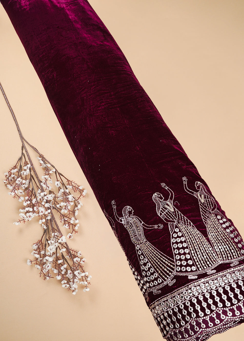 Wine Velvet Fabric With All Over Zari And Sequins Work With One Side Border 25499