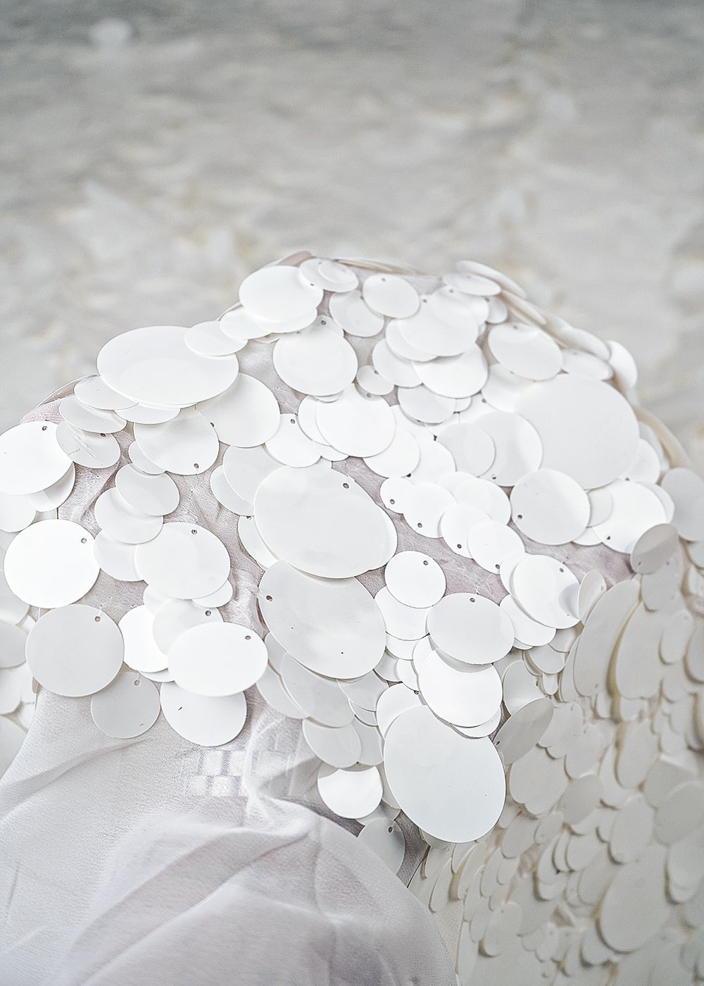 White Georgette Fabric With All Over Jombo Oval Sequins Work 25508