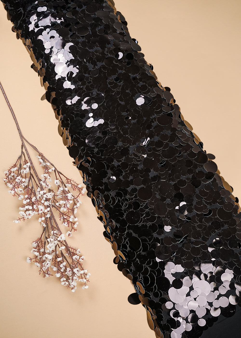 Black Georgette Fabric With All Over Jombo Oval Sequins Work 25509