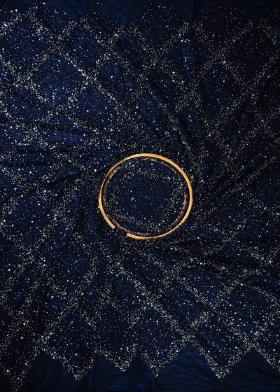 Navy Blue Sandlin Lace Fabric With All Over Sequins, Katdana And Bead Work 25511