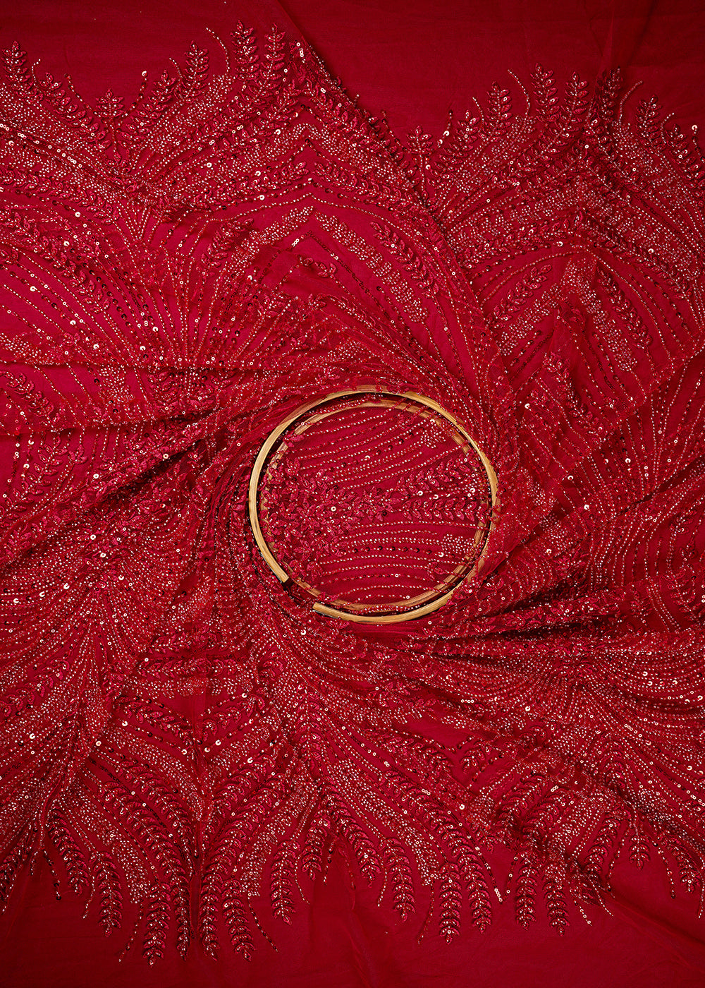 Red Imported Net Fabric With All Over Thread, Sequins And Katdana Work 25514