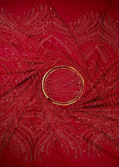 Red Imported Net Fabric With All Over Thread, Sequins And Katdana Work 25514