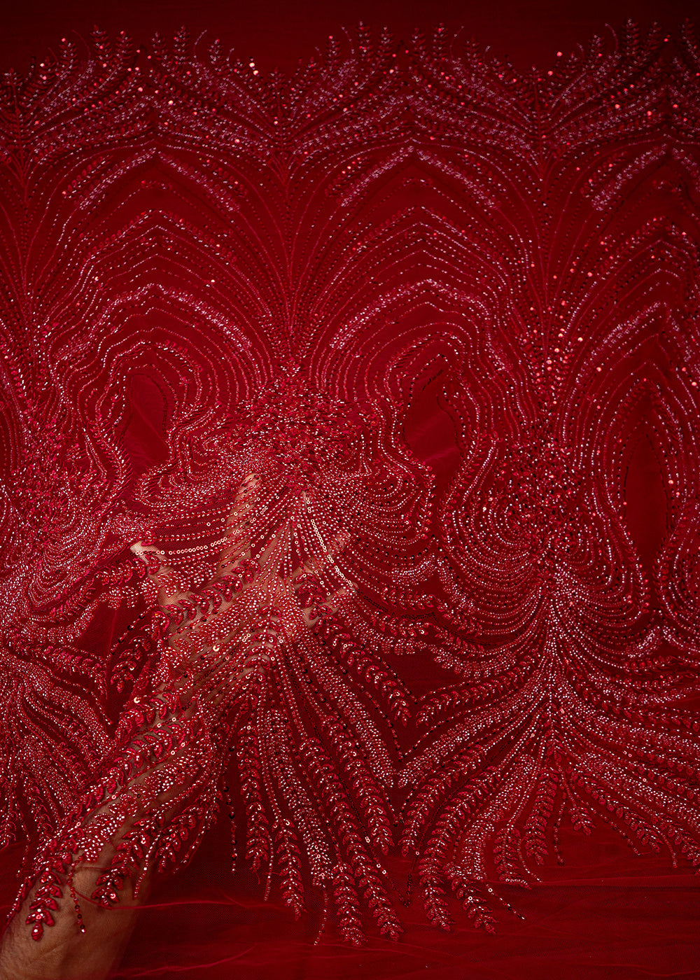 Red Imported Net Fabric With All Over Thread, Sequins And Katdana Work 25514