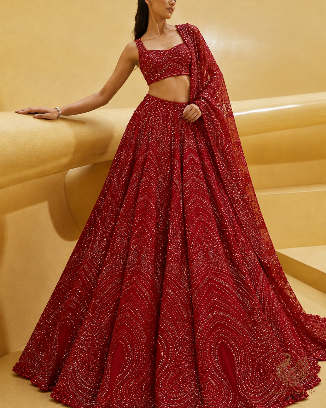 Red Imported Net Fabric With All Over Thread, Sequins And Katdana Work 25514