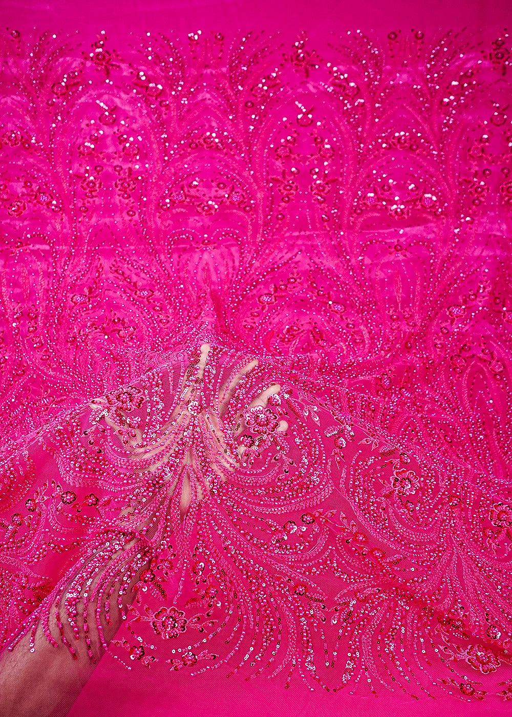 Pink Imported Net Fabric With All Over Thread, Sequins, Katdana And Bead Work 25516