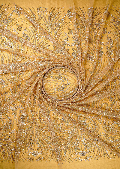 Golden Imported Net Fabric With All Over Thread, Sequins, Katdana And Bead Work 25518