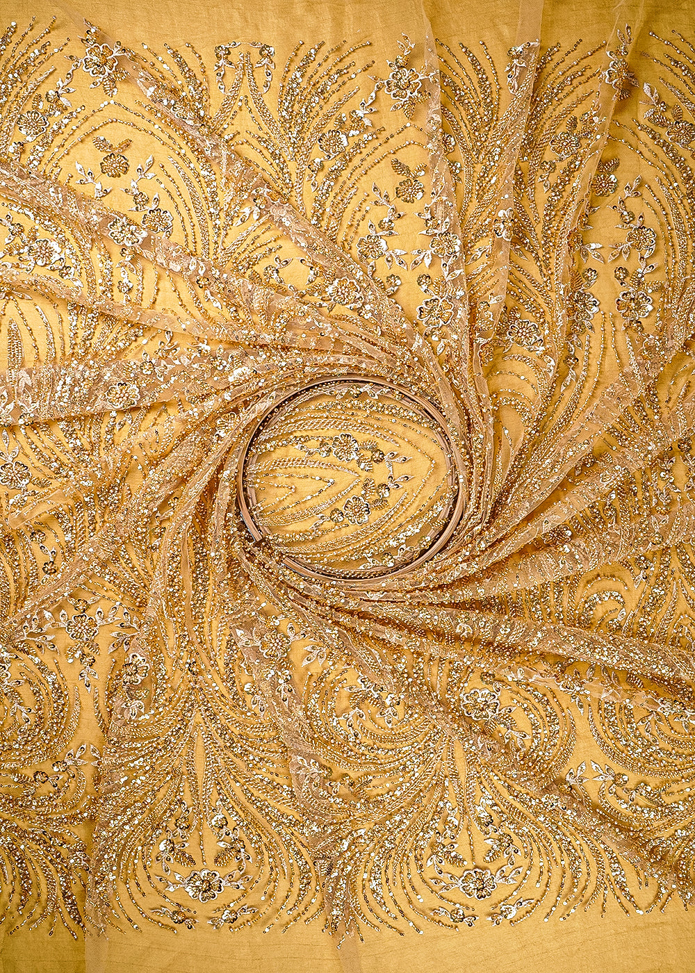 Golden Imported Net Fabric With All Over Thread, Sequins, Katdana And Bead Work 25518